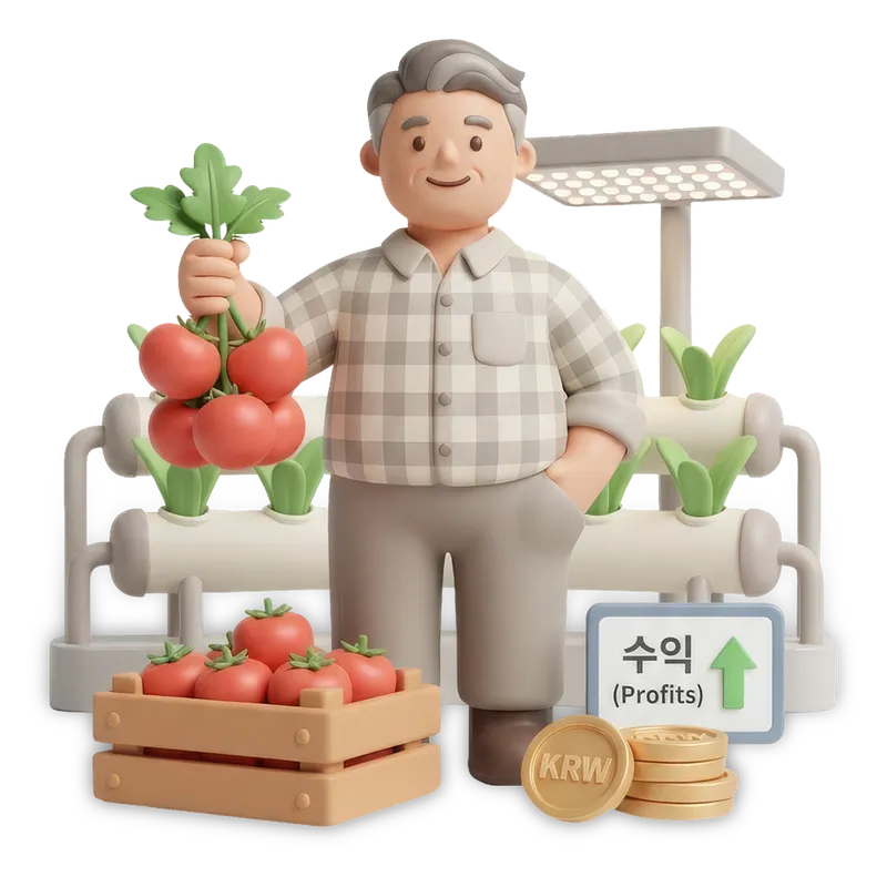 수확한 작물을 든 농장주와 수익 그래프 일러스트